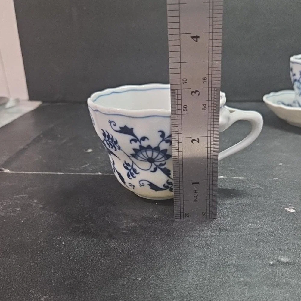 Blue Danube Onion Tea Cups & Saucers, Set of 4, Original Ribbon Banner Backstamp